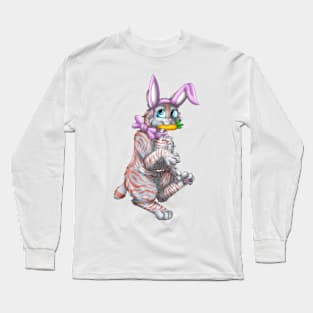 Bobtail BunnyCat: Red On Blue Tabby (Pink) Long Sleeve T-Shirt